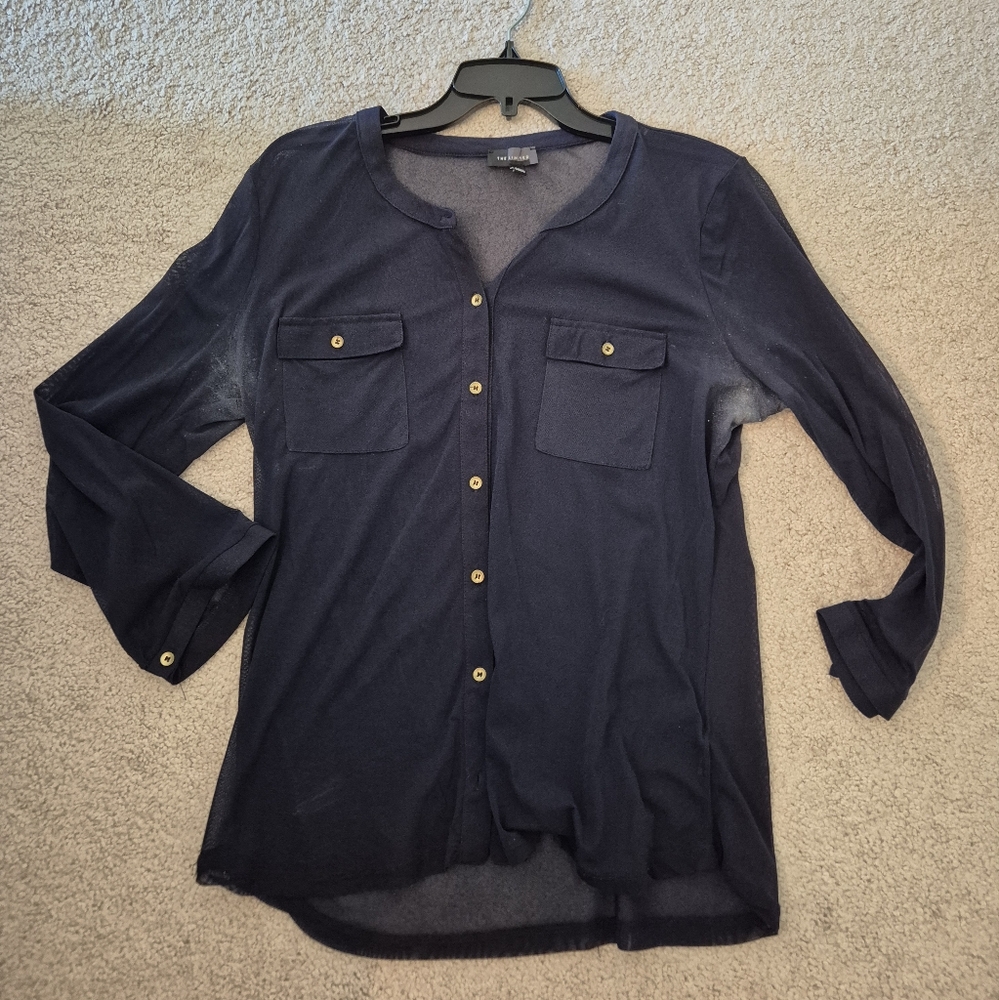 Navy Button-Up Mesh Blouse